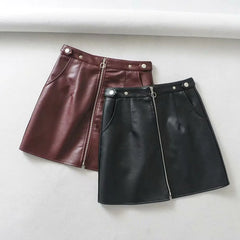 Skirt  leather Slim Zipper A-Line PU Leather Mini Skirt