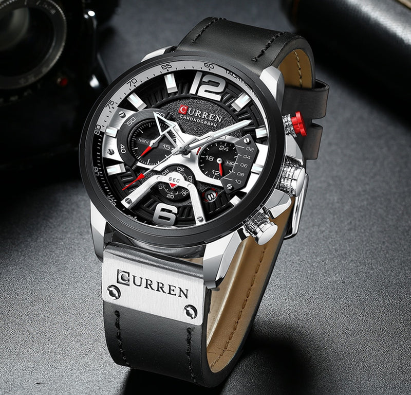 Watch Military  Leather Chronograph Wristwatch