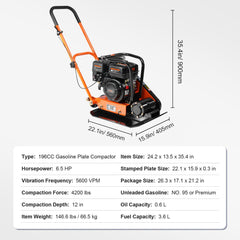 Plate Compactor, 6.5 HP 196CC Gas Engine